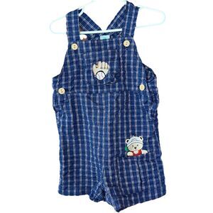 Vintage 90s Plaid Overalls 24 Months Blue Baseball Teddy Bear Shortalls